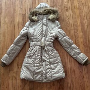 Women's Long Quilted Jacket Parka with Faux-Fur Hood Size Medium Zip Up